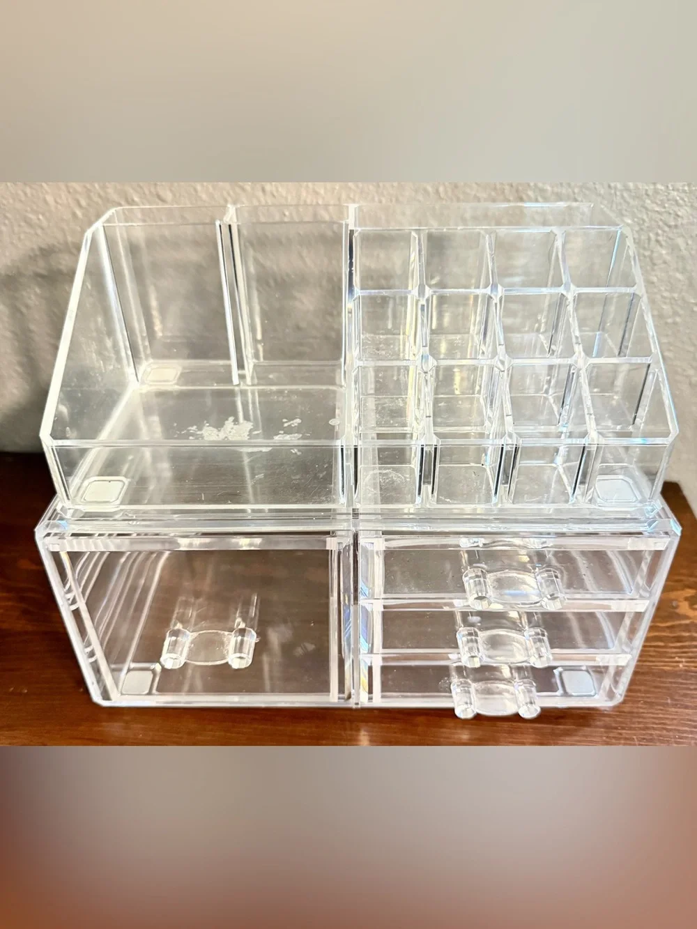 Makeup or Jewelry Organizer Clear Acrylic 4 Lined Drawers 9.5” x 5” x 7”